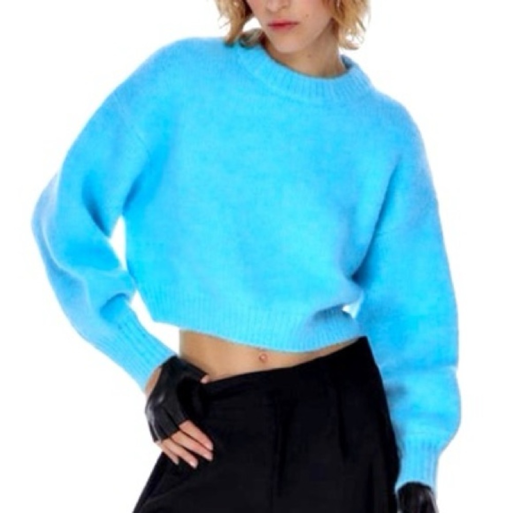 Zara cropped blue crew neck sweater soft cozy women’s size medium